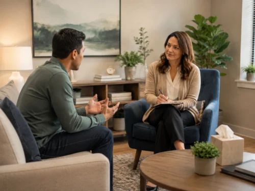 Two people talking through a concern together in a calm living room