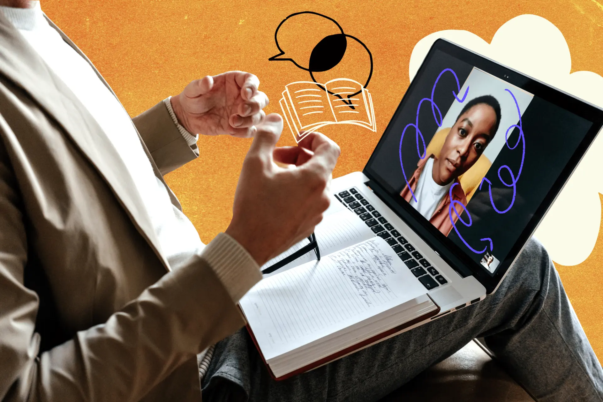 A person taking notes during an online session on a laptop, against a warm orange backdrop